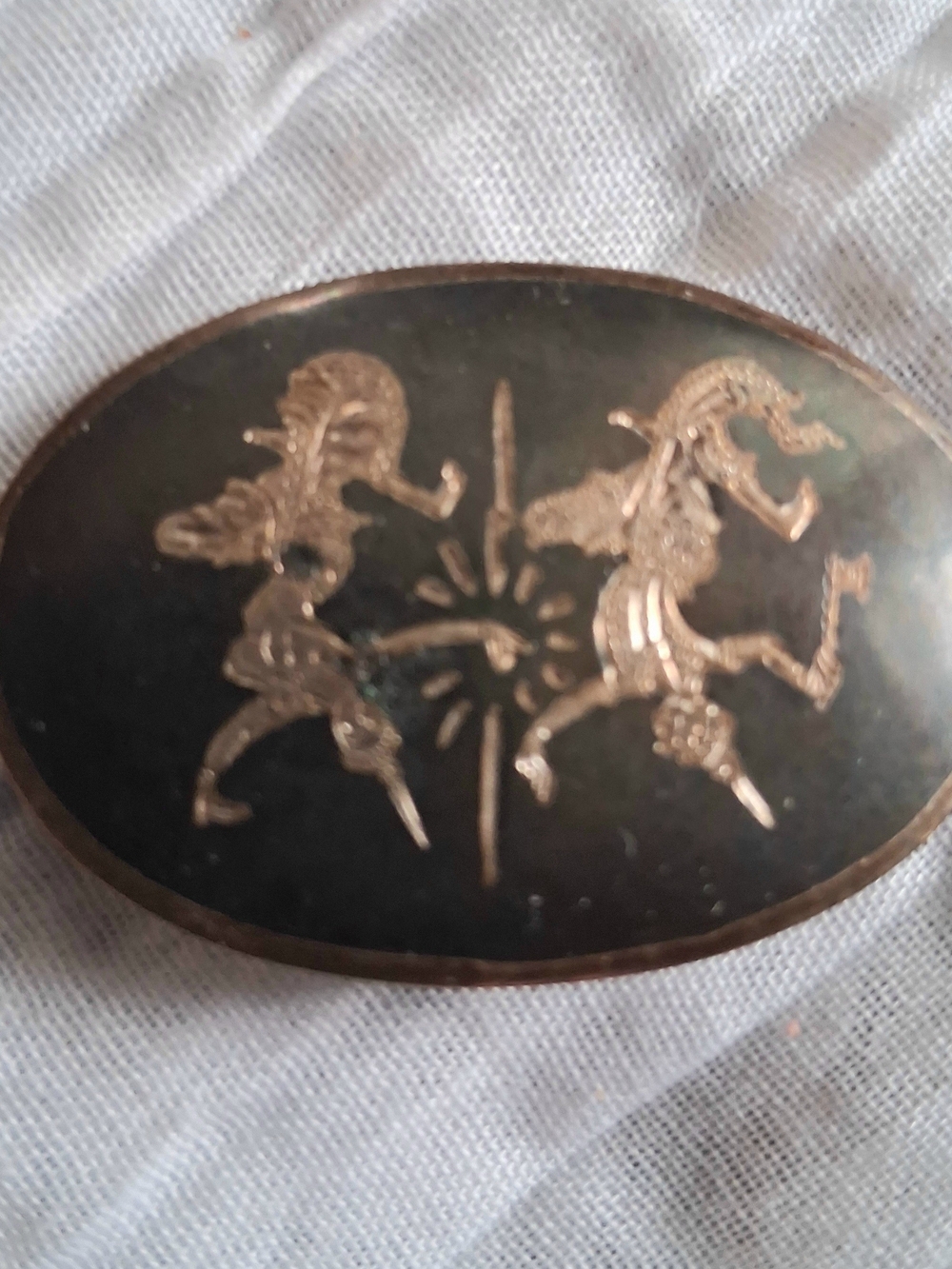 Black and Silver Oval Siam Dancers Motif Brooch